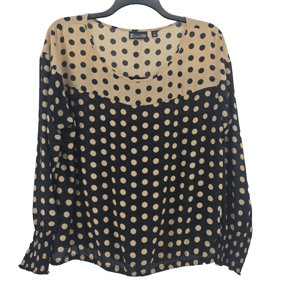7th Avenue Design NY&CO.‎  XL Black Beige Dot-print Chiffon Long Sleeve Blouse